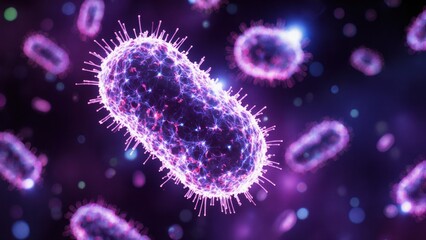 Bacterium under microscopic view with glowing purple and pink colors illuminated cellular membranes and external pili structures in a dark background with floating cells