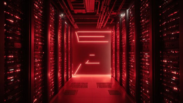 Data center server room with red glowing LED lights, tall black server racks on both sides, illuminated pathways, cooling vents on the floor, high tech electronic environment