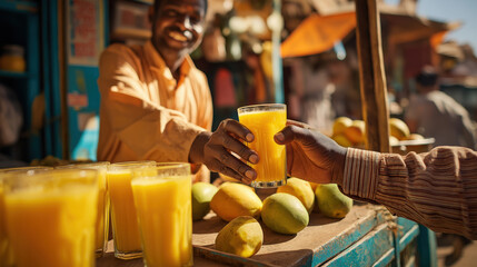 Indian Juice Vendor Serving a Glass of Mango Lassi to a Customer - Street Food