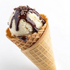 Ice cream cone with chocolate topping isolated on white background