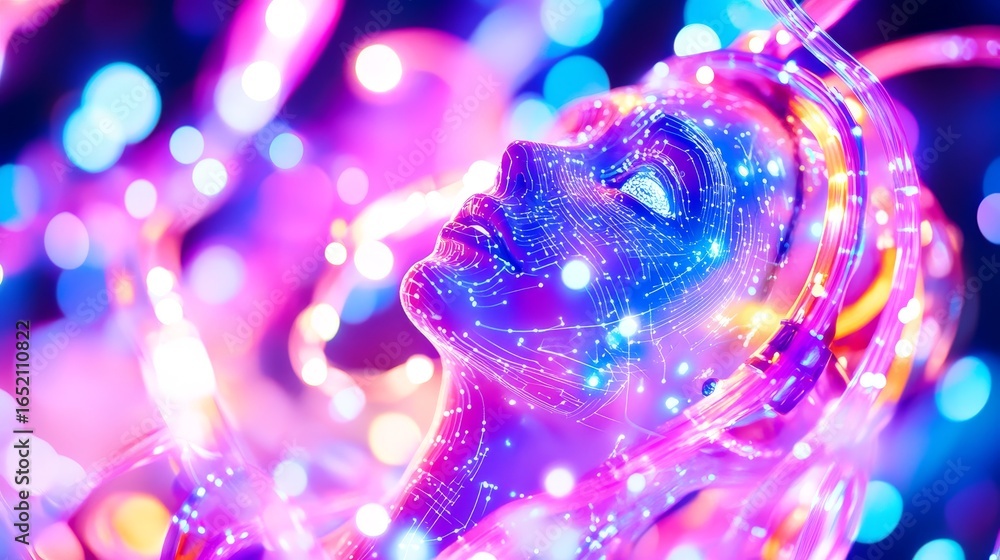 Canvas Prints a vibrant visual of a radiant figure enveloped in colorful lights. a fusion of technology and art. c
