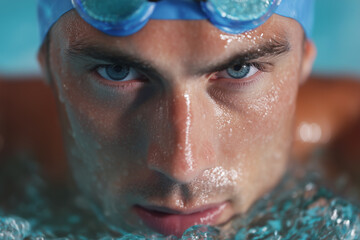 A man in a blue swim cap and goggles is swimming in a pool
