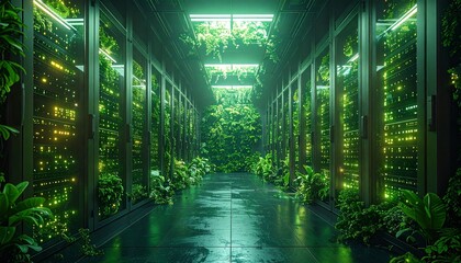 Futuristic Green Data Center with Lush Foliage and Glowing Servers, Symbolizing Sustainable Technology and Eco-Friendly Computing Infrastructure