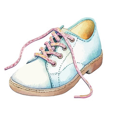 Watercolor Style White Shoe with Pink Laces Brown Sole and Blue Accents