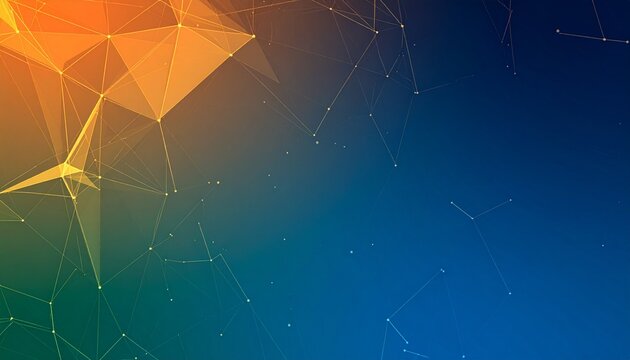 Futuristic plexus network background with glowing lines and points, digital technology concept in vibrant orange and blue gradient.