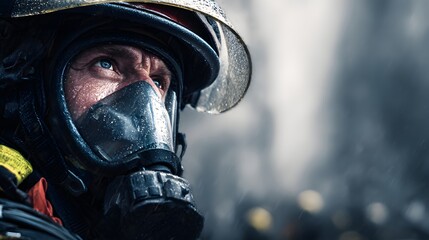 Fototapeta premium Brave Firefighter with Protective Gear in Rainy Emergency Situation