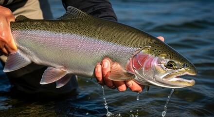 Obraz premium Large Rainbow Trout Being Held By Angler Above Water