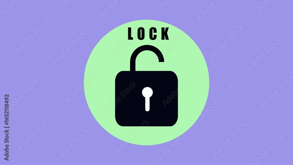 Poster open padlock motion graphics. unlocked security symbol pastel green purple background 4k uhd. unlock