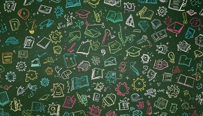 Chalkboard background with hand-drawn education, learning, and knowledge icons. School, university, or study seamless doodle pattern.