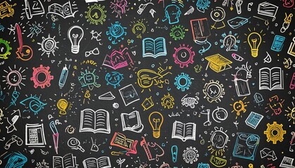 Abstract education background with hand-drawn colorful school supplies, ideas, and knowledge doodles on a dark chalkboard.