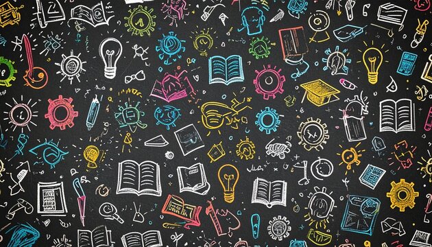Abstract education background with hand-drawn colorful school supplies, ideas, and knowledge doodles on a dark chalkboard. - Powered by Adobe