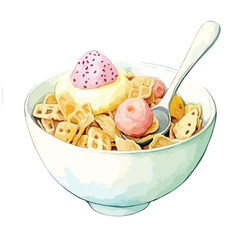 Whimsical Bowl of Cereal with Waffles Berries and Spoon