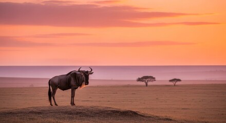 Wildebeest Standing on Hilltop at Sunset in Serengeti