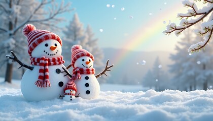 Fototapeta premium Three cheerful snowmen with red hats and scarves stand in a snowy landscape, with a rainbow and snow-dusted trees under a clear, bright sky.