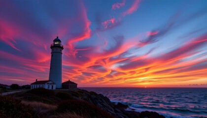 Futuristic Lighthouse Vibrant Sunset with Neon Lights