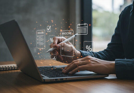 A professional managing digital finance and data using a futuristic laptop with glowing holographic icons.

