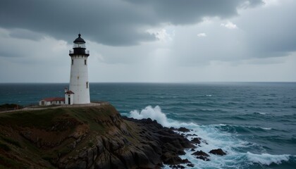 Resilient Lighthouse Amidst Natures Fury and Light