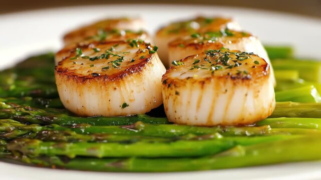 Roasted scallops and asparagus dish