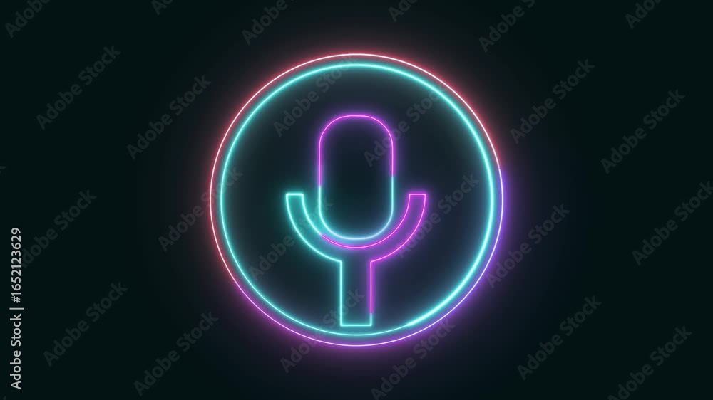 Poster animated neon microphone icon glowing circle with synthwave retro cyberpunk style in 4k ultra hd. re
