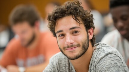 Young man smiles in classroom, surrounded by fellow students. Use for education, university, or student life concepts.