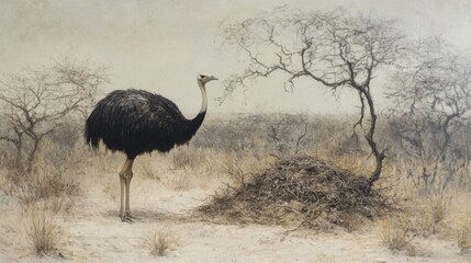 Naklejka premium Ostrich Nesting in Sandy Ground with Sparse Vegetation