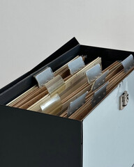 Numbered hanging folders organized inside file box.