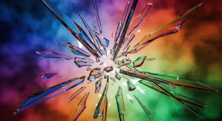 Abstract Explosion of Shattered Glass with Iridescent Colors and Dramatic Lighting