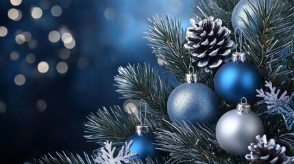 Festive Christmas tree adorned with charming blue ornaments.