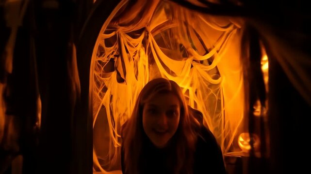 A young woman stands in a dimly lit Halloweenthemed setting