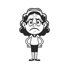Cartoon Woman Standing with Hands on Hips and a Sad Expression, on White Background