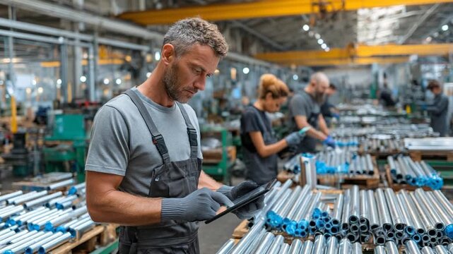 Worker inspecting metal pipes in factory setting