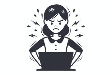 Angry Woman with Laptop Illustration, Monochrome Frustrated Face on White Background