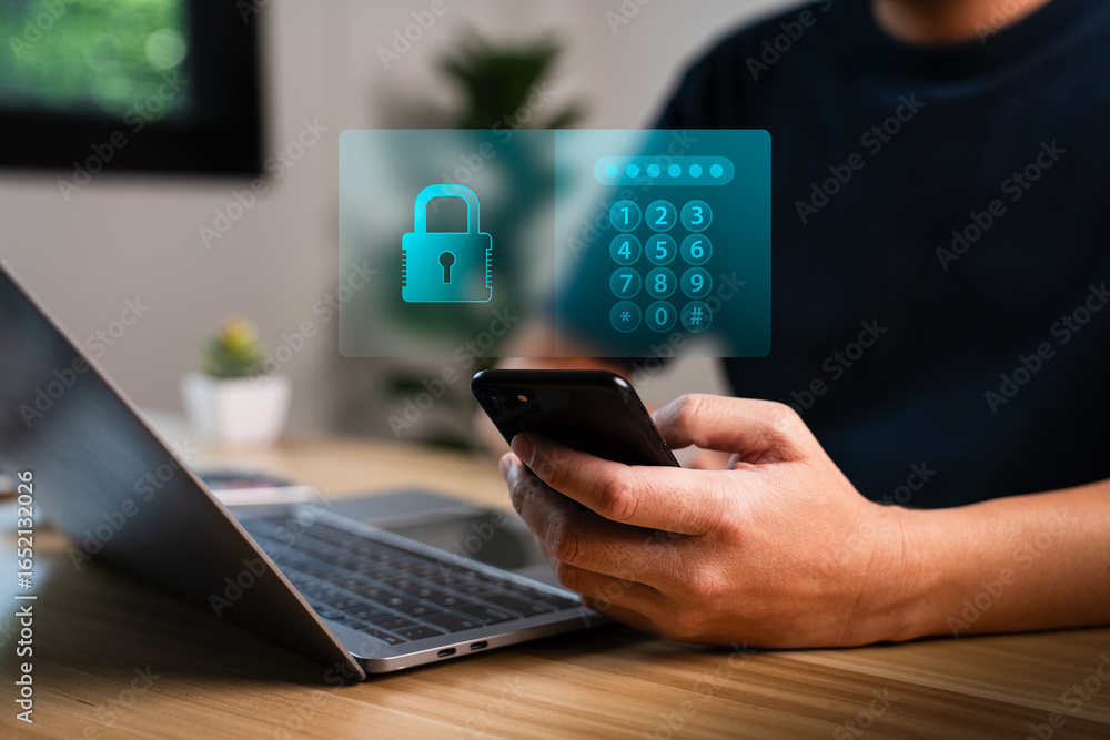 Aufkleber cybersecurity and mobile data protection concept with person entering pin code on smartphone, secure