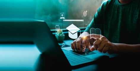 E-learning concept of digital education with a person using laptop, interactive icons such as graduation cap, AI technology, online course, virtual learning platform for modern education innovation