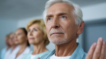 stroke therapy session design. Elderly man with serious expression in a group setting.