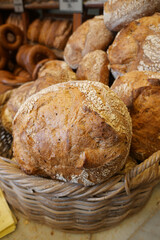 Freshly baked bread in a rustic bakery setting