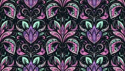 Intricate floral damask pattern in pink, purple, and mint green on a dark background