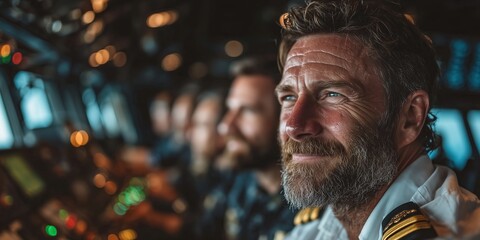 Photo of a male cargo ship captain performing her duties in the control room