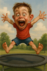 Excited boy bouncing on a trampoline outdoors in summer, showcasing enthusiasm