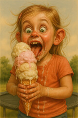 Excited child enjoying large melting ice cream cone outdoors on a sunny day