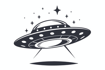 Detailed UFO Flying Saucer Black And White Design With Clouds On White Background © Bably