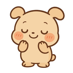 Cute cartoon dog smiling with closed eyes and hands clasped  