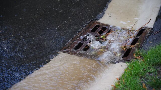 Street storm drain with water flowing into it during rainfall. Leaves and branches trapped against the metal grate on concrete curb. 