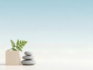 Peaceful Zen Stones and Green Plant Minimalist Still Life Wellness Concept