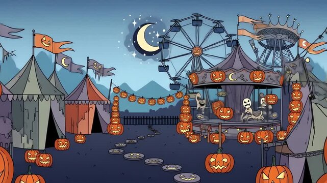 Halloween carnival with pumpkins Ferris wheel and tents at night