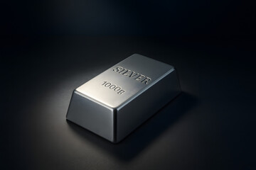 Silver Ingot: A close-up shot of a lustrous silver ingot, symbolizing wealth, investment, and financial security against a sleek, dark backdrop.