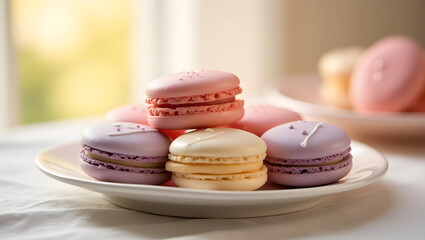 Fototapeta premium Delicate French macarons with chewy centers arranged aesthetically on a plate for a charming dessert display