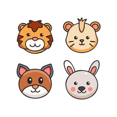 Fototapeta premium Cute cartoon animal faces vector illustration tiger lion fox and rabbit kawaii character design for kids 100