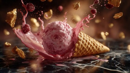 Delicious raspberry ice cream cone with splash on marble table top food photography summer dessert treat sweet