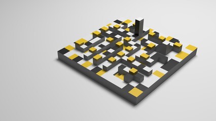 Abstract 3D Render: Labyrinth of Grey, Yellow, and White Cubes